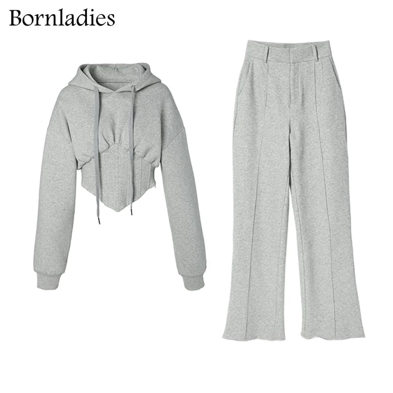 Bornladies 2021 Autumn Women New Cotton Tracksuit Female Slim Waist Short Hoodes Sweatshirt + Long Wide Leg Pants 2 Piece Sets