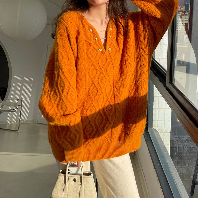Toloer Toloer V-Neck Twist Sweater Female 2024 Autumn And Winter New Temperament Gentle Head Knit Jacket Loose Coat-Outfit Ideas