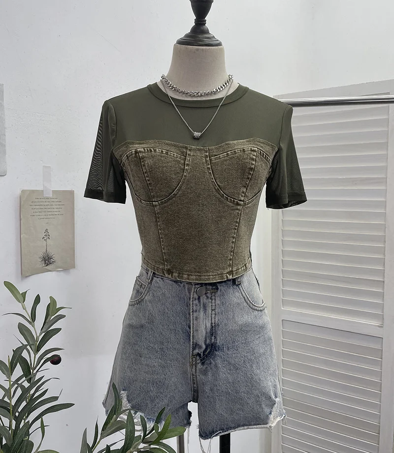 Uveng Real Shooting 2024 Summer Denim Splicing Mesh Yarn Short-Sleeved T-Shirt Design Fake Two Hot Girl Short Top 26231
