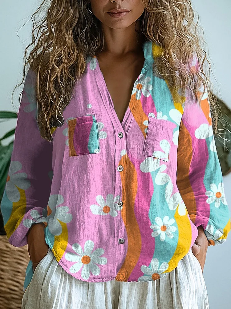 Women's  Retro Flower Art Print Casual Long Sleeve Comfortable Cotton Shirt