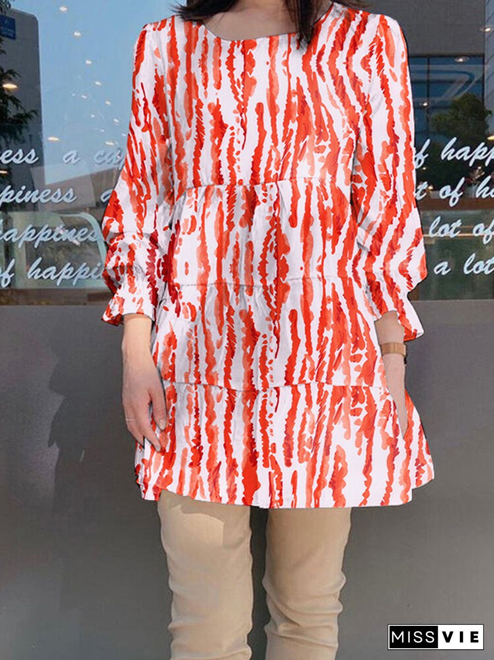 Stripe Round Neck Ruffle Long Sleeve Blouse