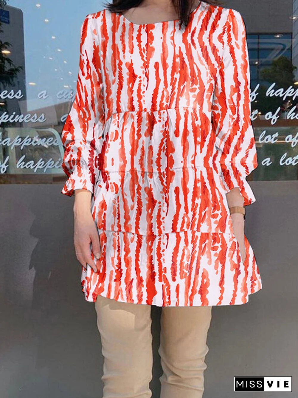 Stripe Round Neck Ruffle Long Sleeve Blouse