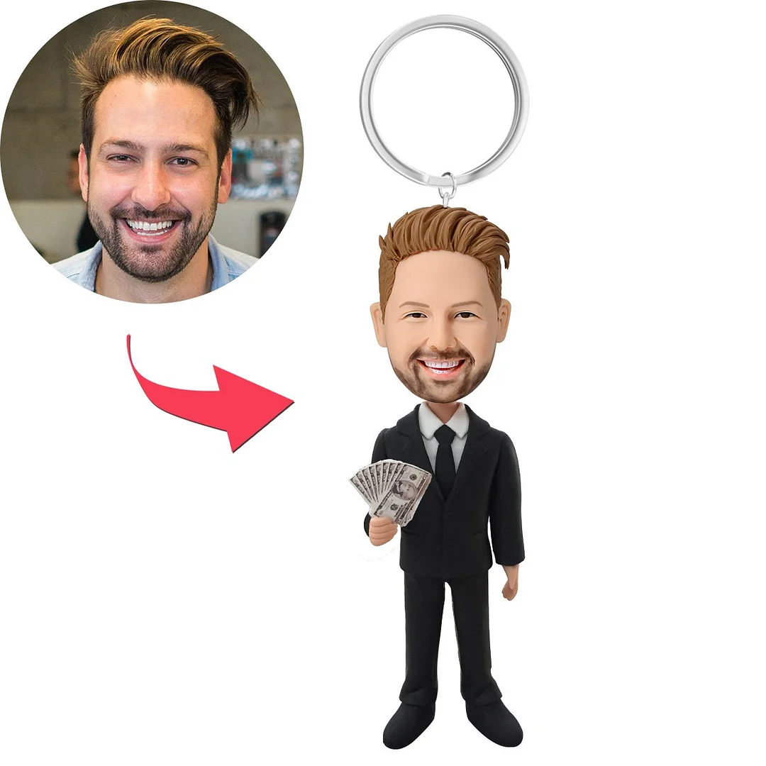 Male Executive In Black Suit Holding Money Custom Bobblehead With Engraved Text Key Chain