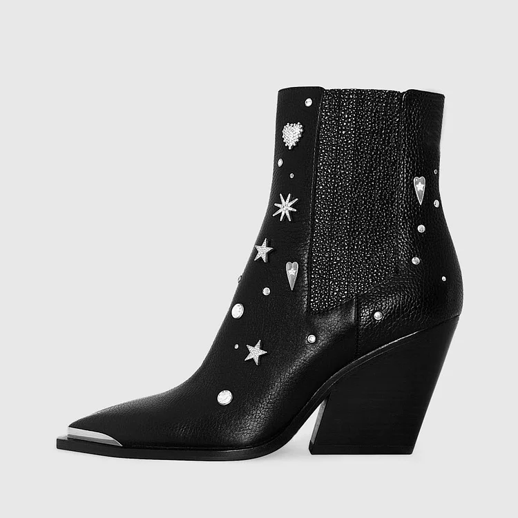 Black Chunky Heel Booties Rhinestone Decor Western Boots for Women |FSJ Shoes