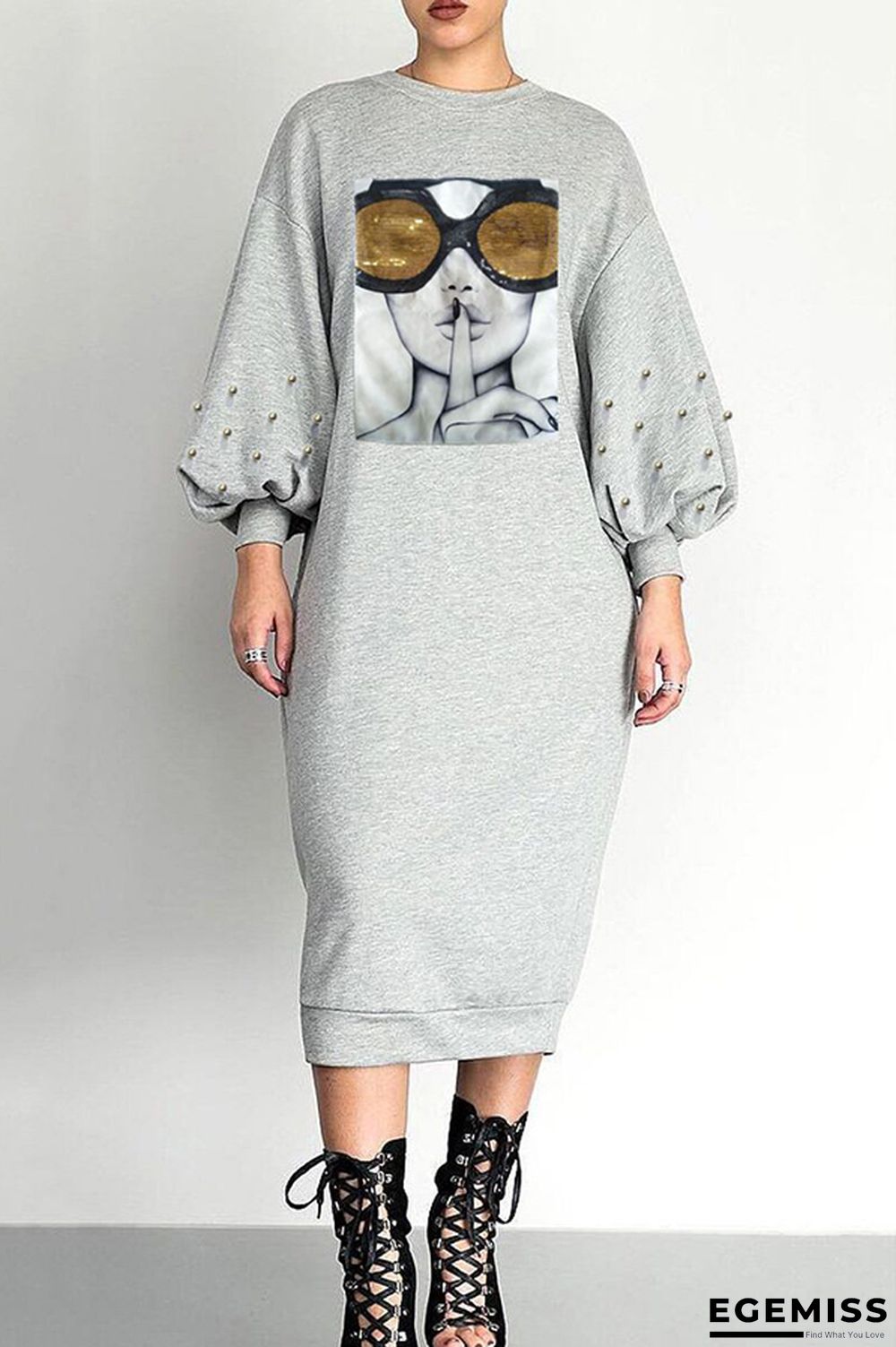 Grey Trendy Printed Mid Calf Dress | EGEMISS
