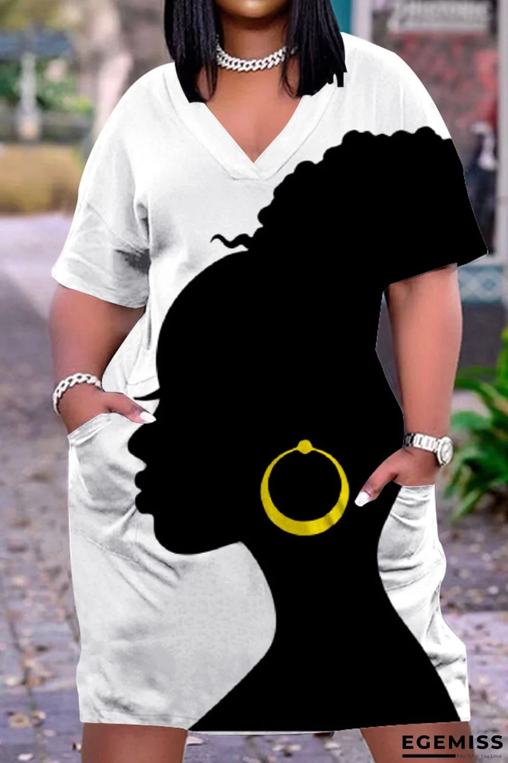 Black White Fashion Casual Print Basic V Neck Short Sleeve Dress | EGEMISS
