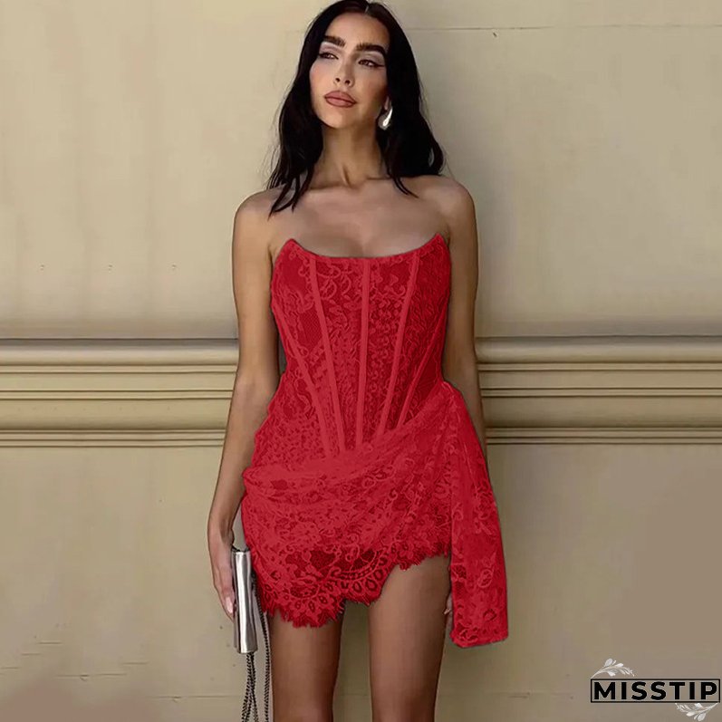 Spring Women's Sexy Lacemesh Strapless Slim Dress