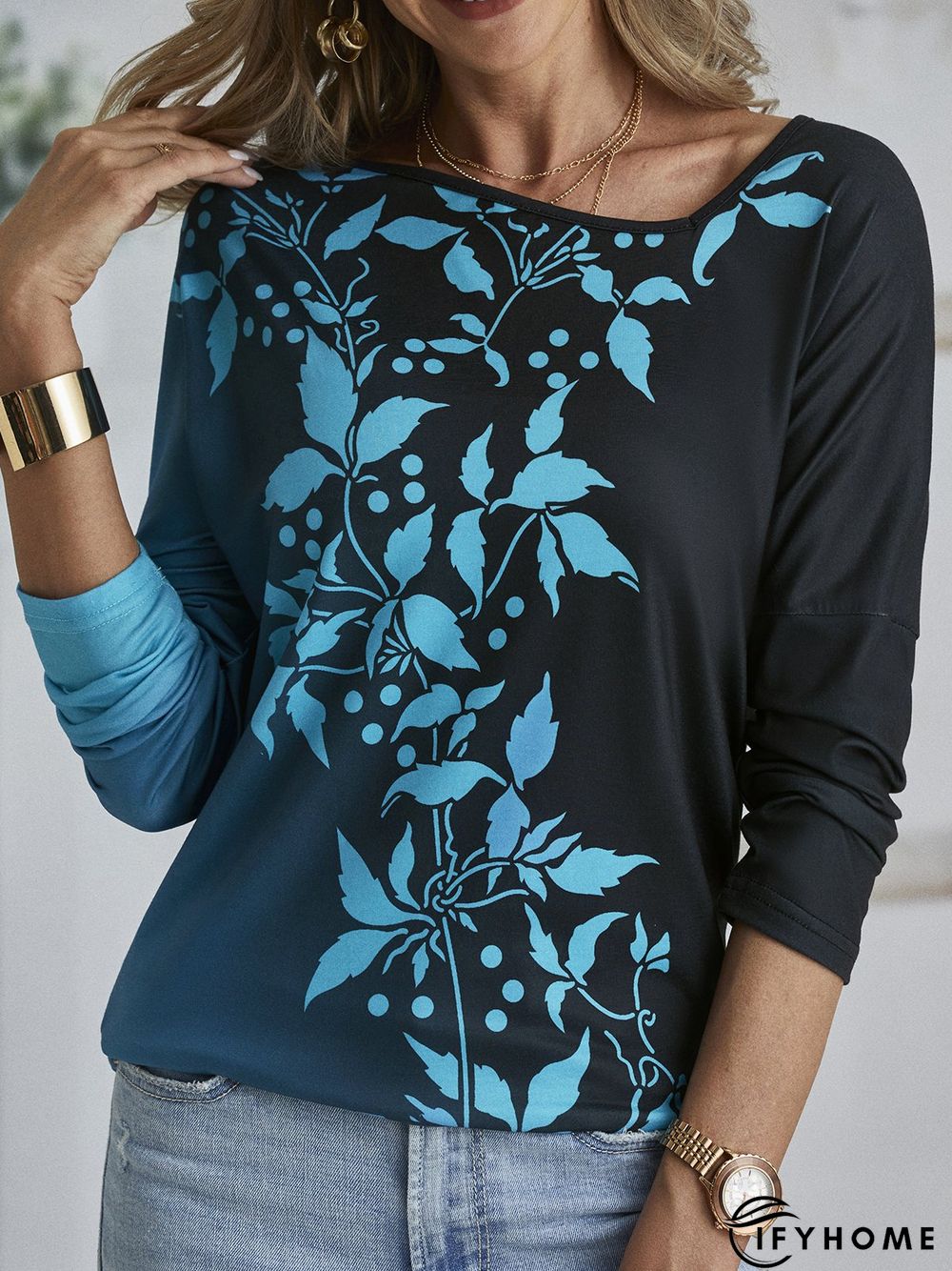 Leaves Casual V Neck Long Sleeve T-Shirt | IFYHOME