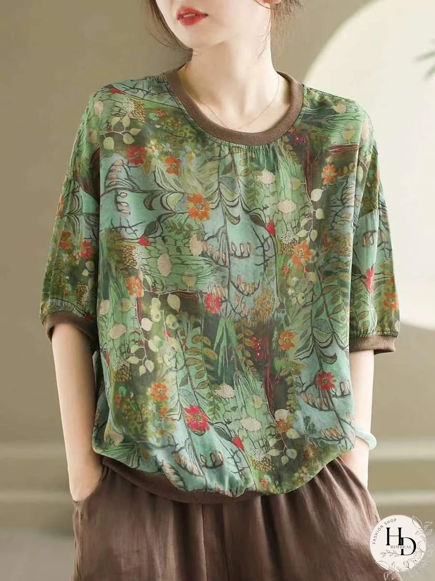 Red Summer Linen Retro Floral Printed Tops Half Sleeve