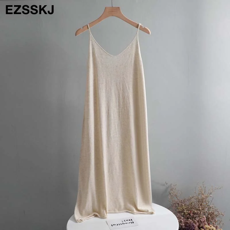 Ezsskj Spring summer 2020 Woman Knitted Tank Dress Casual Long Camisole Vest dress Women Loose  cashmere maix a-line dress