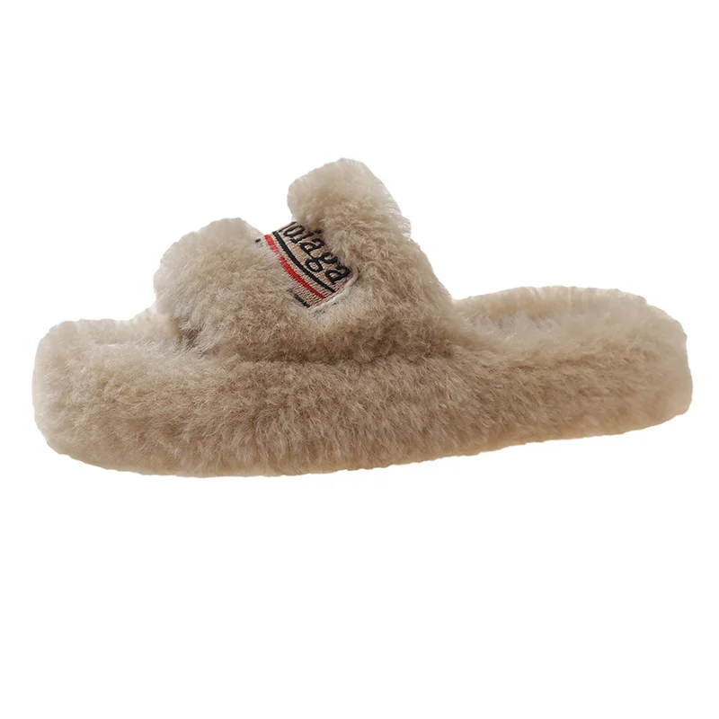 Yyvonne Slippers Women Wear 2025 New Letter Embroidered Thick Bottom Lamb Hair Autumn Winter Flat Letter Slippers