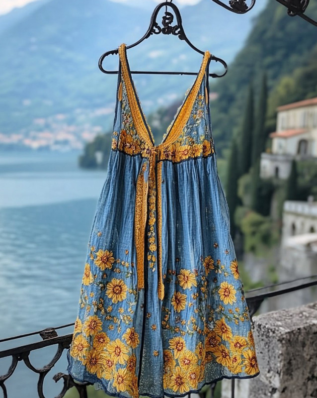 Summer Vacation Linen Sunflower Dress 9b22