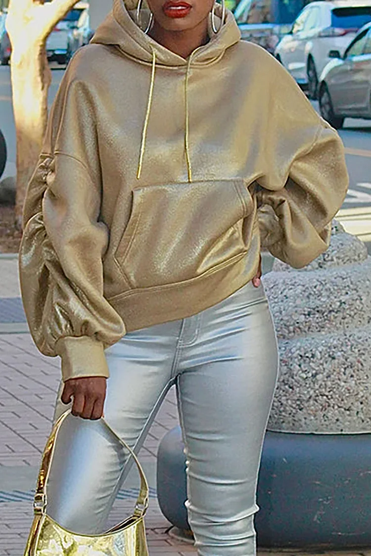 Plus Size Daily Sweatshirts Casual Gold Fall Winter Long Sleeve Glitter Sweatshirts With Pocket [Pre-Order]