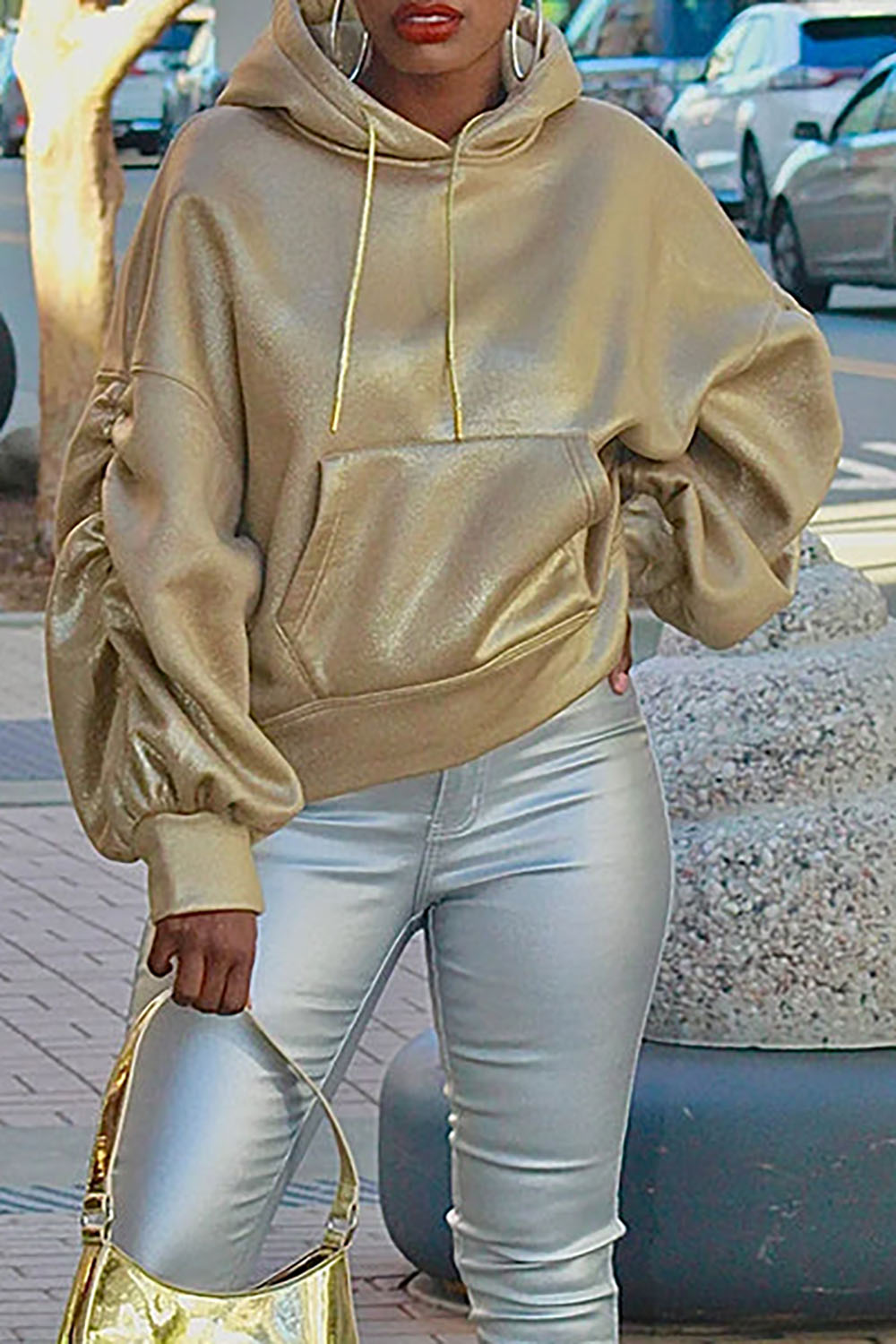 Plus Size Daily Sweatshirts Casual Gold Fall Winter Long Sleeve Glitter Sweatshirts With Pocket