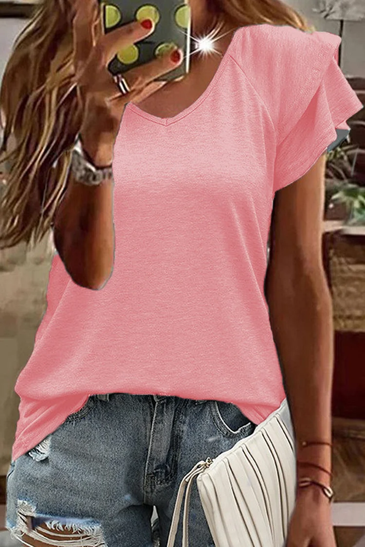 Layered Ruffle Trim V Neck T-Shirt