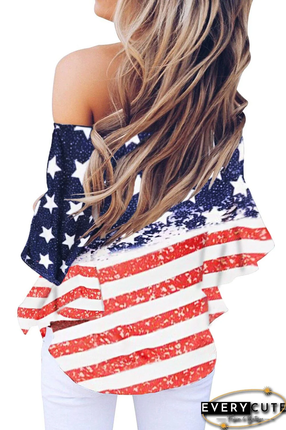 Stripes Stars Print Off The Shoulder Blouse