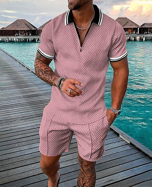Casual Striped Trim Half-Zipper Polo Shirt & Shorts 2Pcs Set Okaywear