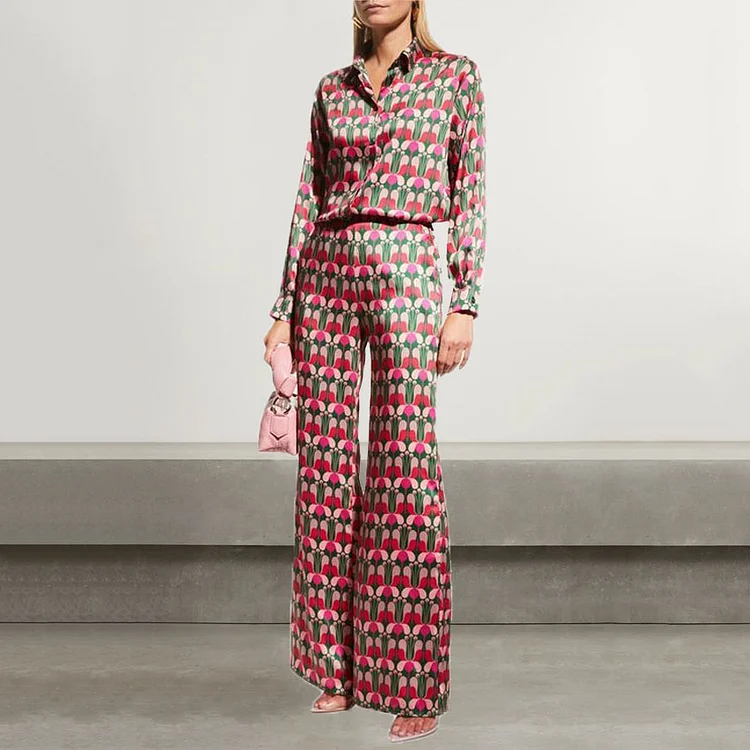 Fashion Clock Block Printed Shirt Two Piece Set