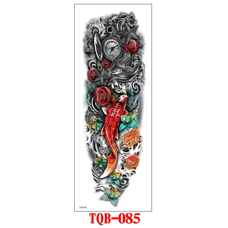 FULL SLEEVE ARM TEMPORARY TATTOO, ORIENTAL DRAGON, LOTUS FLOWERS, MENS, WOMENS