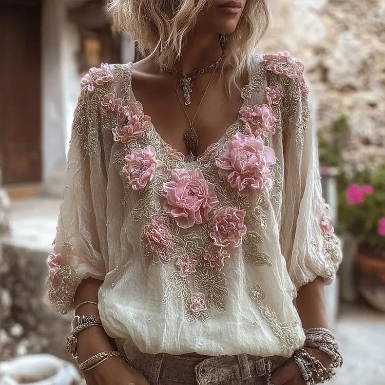 Women's Vintage Floral Embroidered Long-sleeved Top
