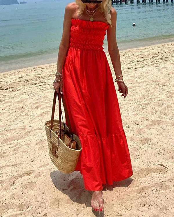 Women's Sleeveless Off Shoulder Solid Beach Long Dress