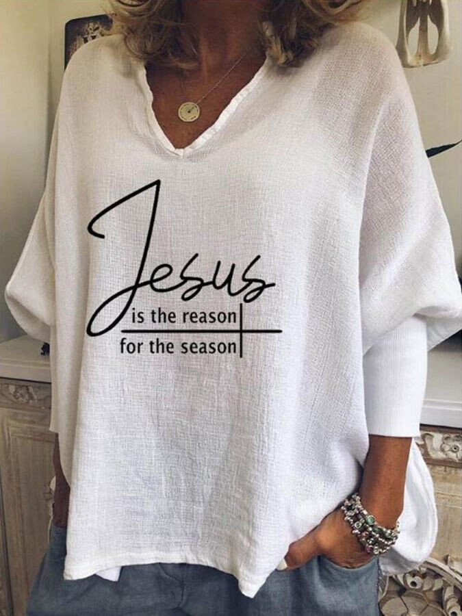 Casual V-Neck Long-Sleeve Printed Loose Top