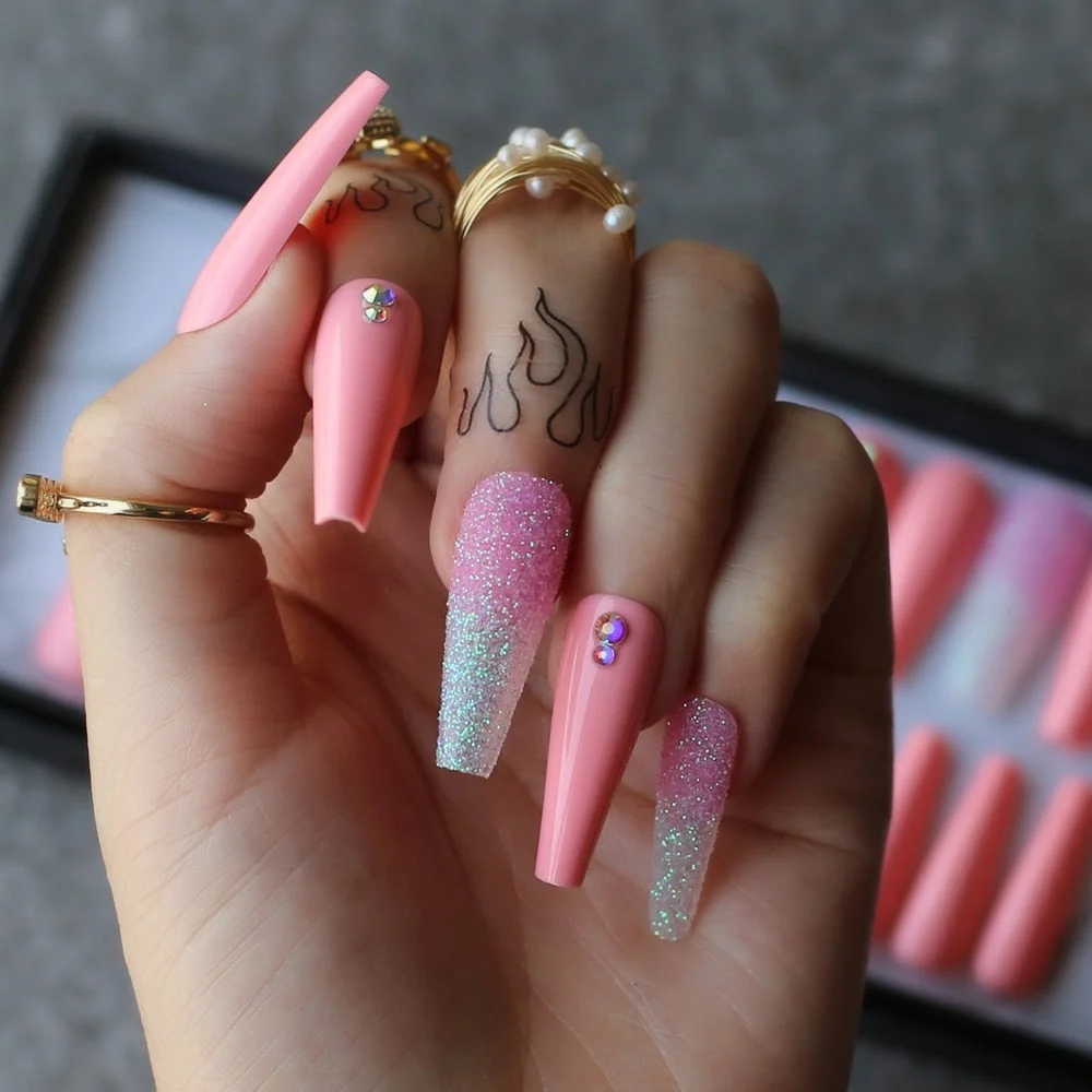 Coffin gel Luxury pink false nails crystal pink glitter ombre french Press on nails box gift Custom packaging-Nail Inspo