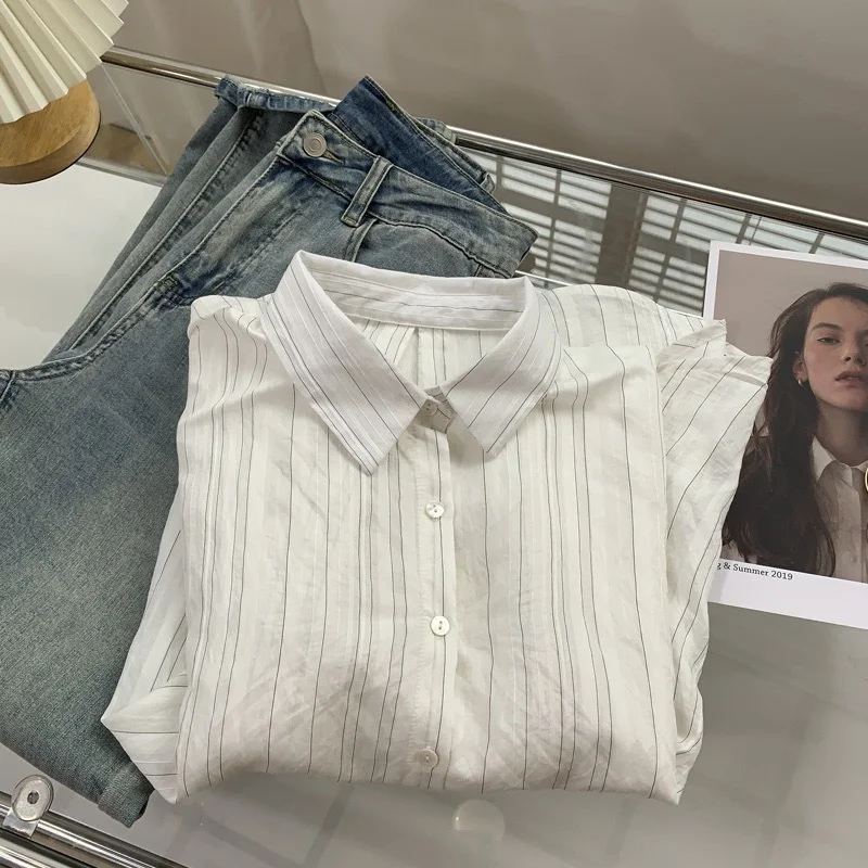 Athvotar Athvotar Striped White Shirt Women's Sun Protection Jacket Top 2025 Spring And Autumn Wear Loose Thin Shirt Tide