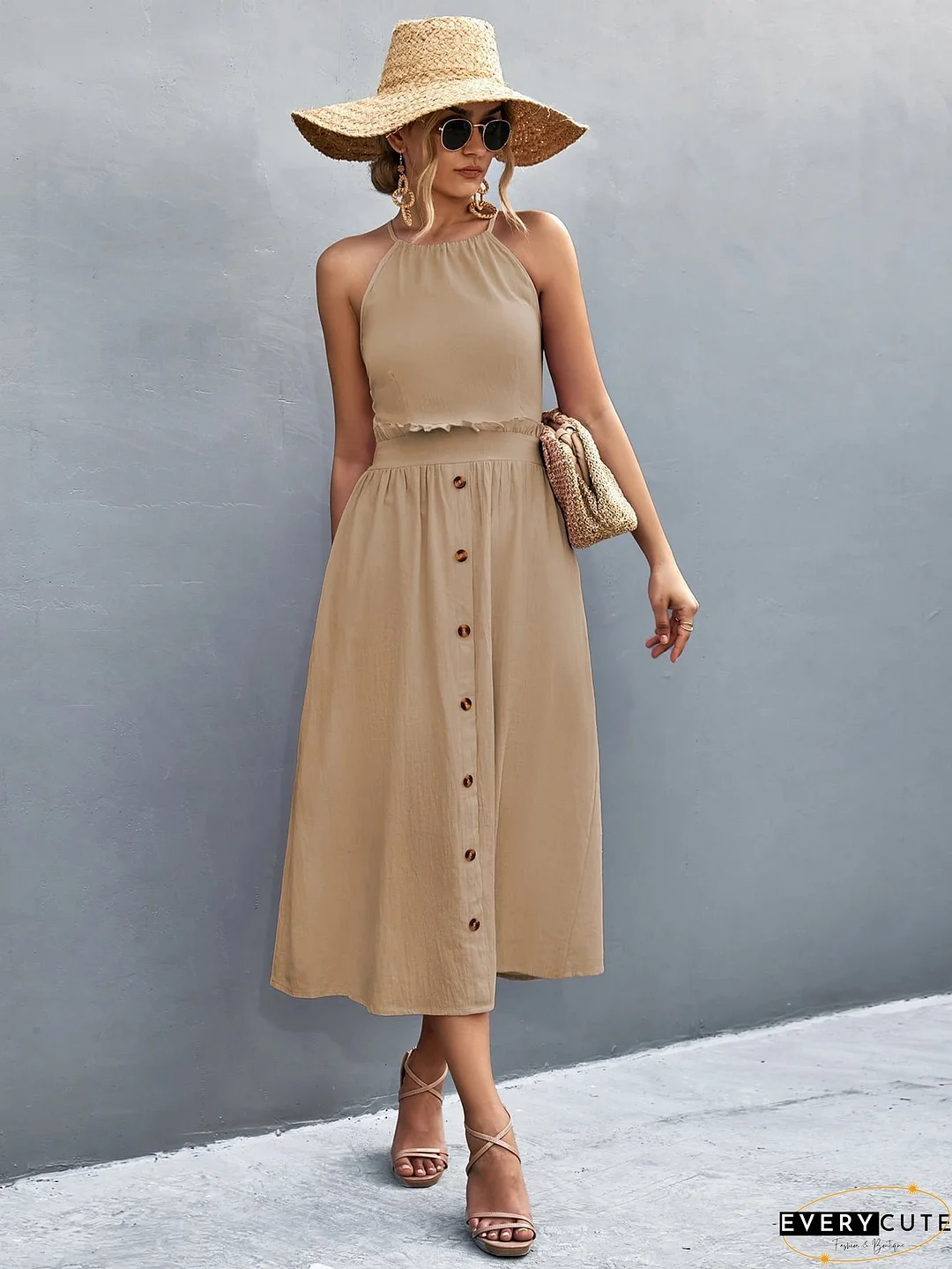 Buttoned Halter Neck Frill Trim Midi Dress