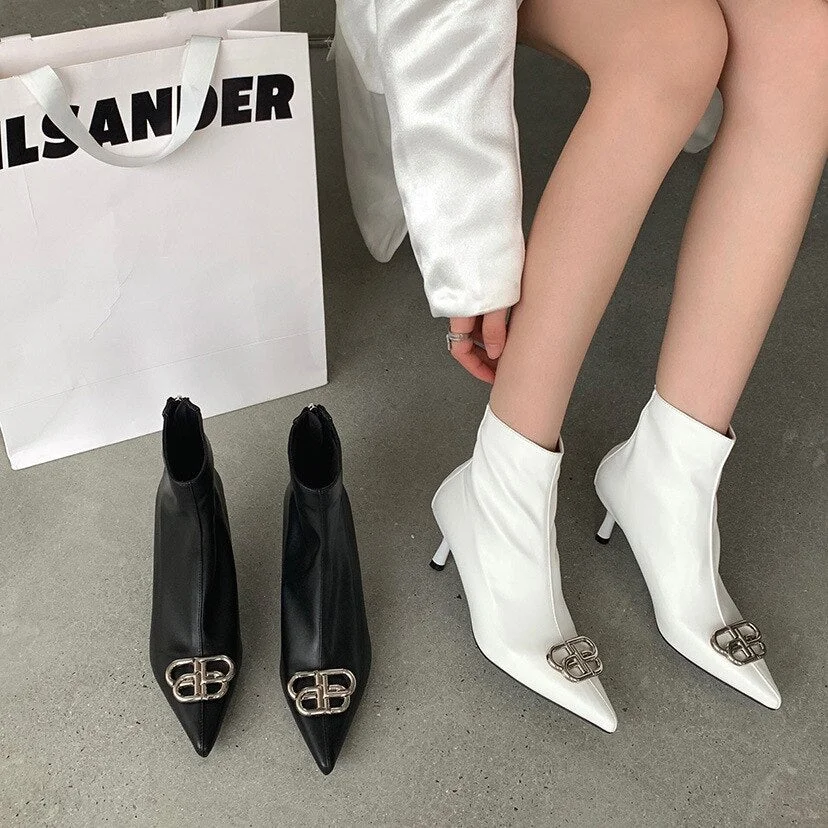 Pointed High Heel Women's White Short Boots 2021 Autumn Female Stiletto Metal Buckle Riding Boots Winter Ladies Thin Single Boot