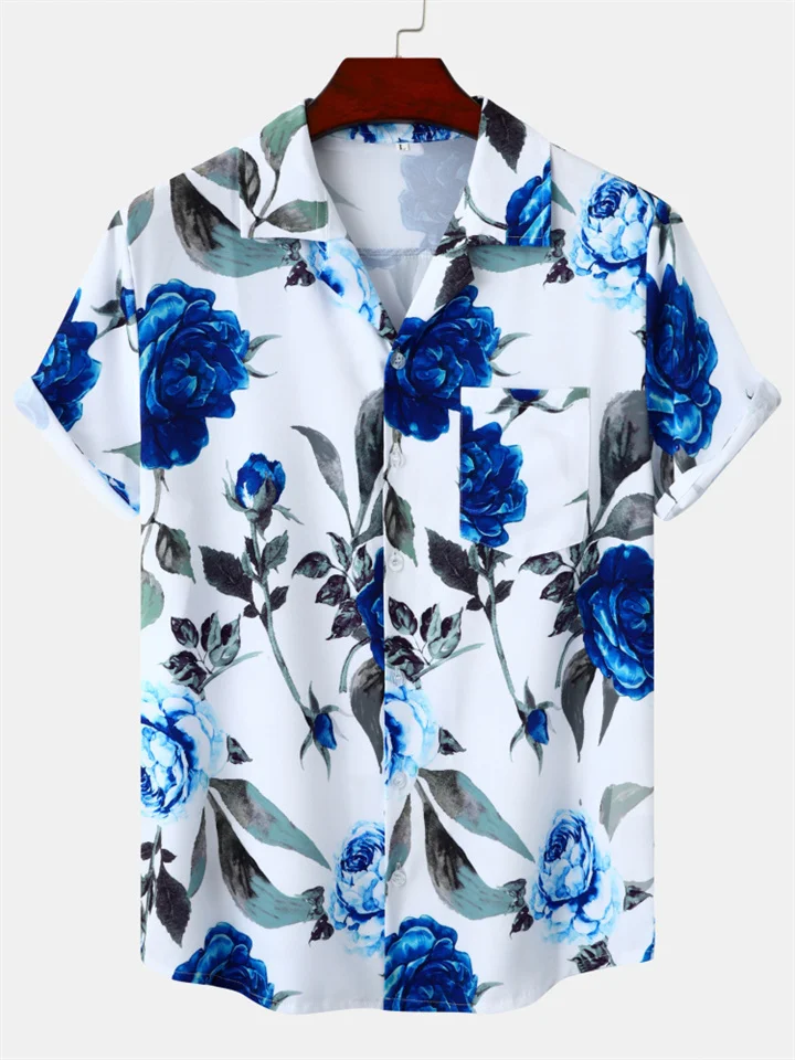 Men's Casual Loose Youthful Vigor Hawaii Beach Floral Flowers Printed Men's Short-sleeved Beach Shirt Lapel Shirt Cardigan-Cosfine