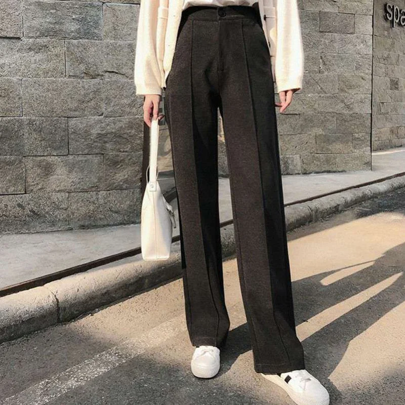 Woolen Pants Women Winter Warm Casual Lady Straight Pants High Waist Plus Size S~3XL Wide Leg Female Pantalon Woman Trousers