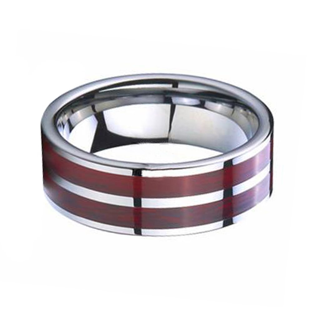 Red Wood Inlay 8MM Tungsten Carbide High Polished Mens Ring Comfort Fit