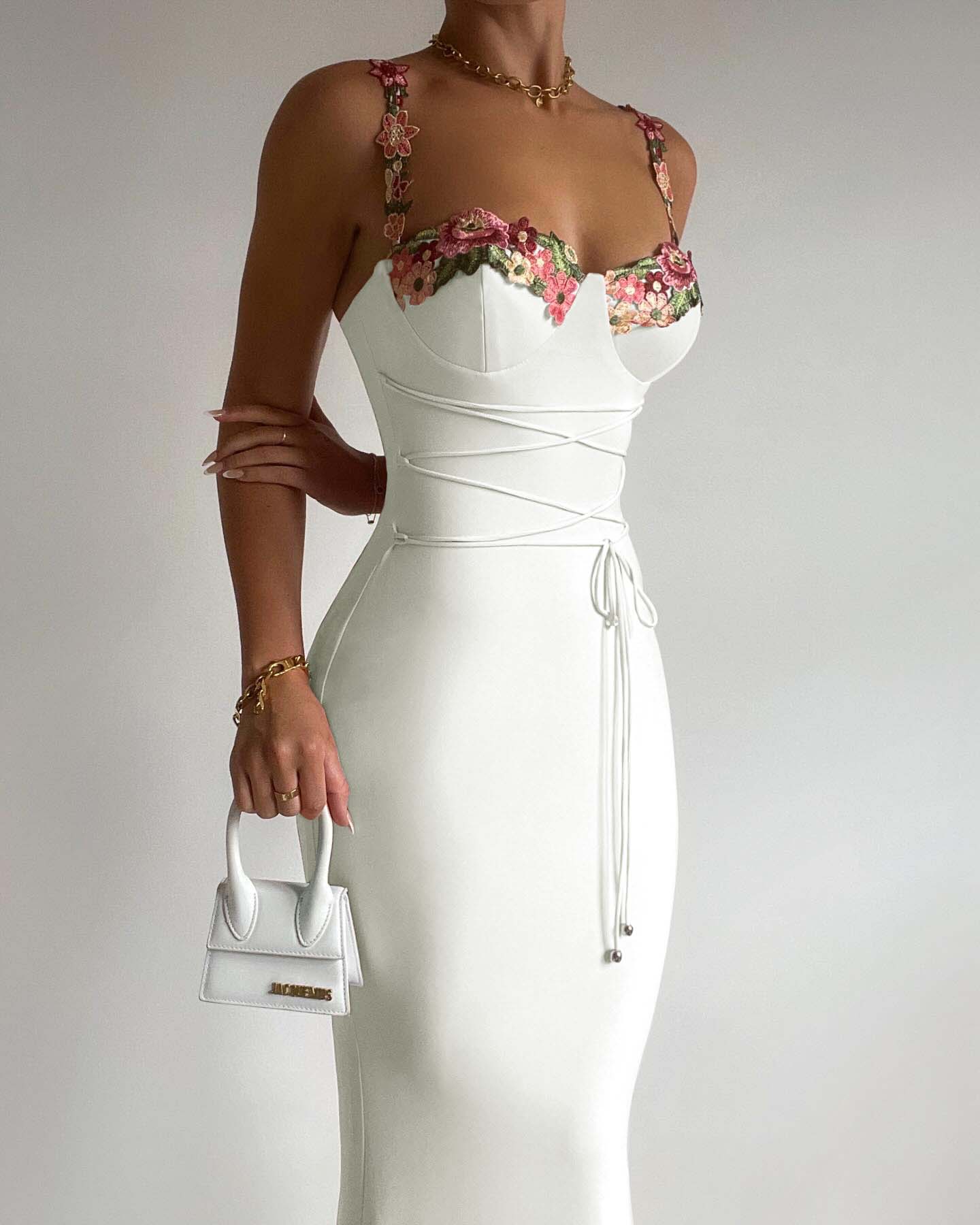 Lussooy Elegant Customizable Pink Floral Sling Sheath Wrap Applique Prom Dress 