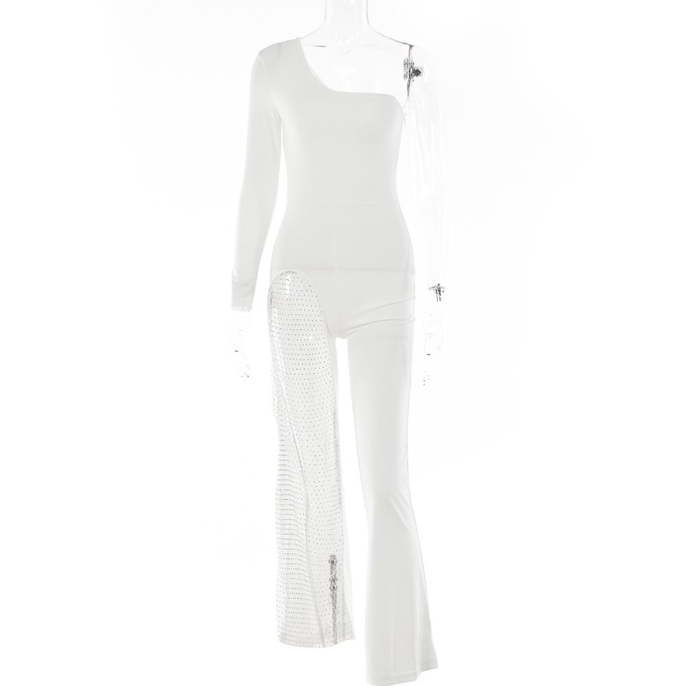 Summer Trousers Women's Street Shooting Sexy Hot Net Hollow One Shoulder Long Sleeve One-piece Bottoms
