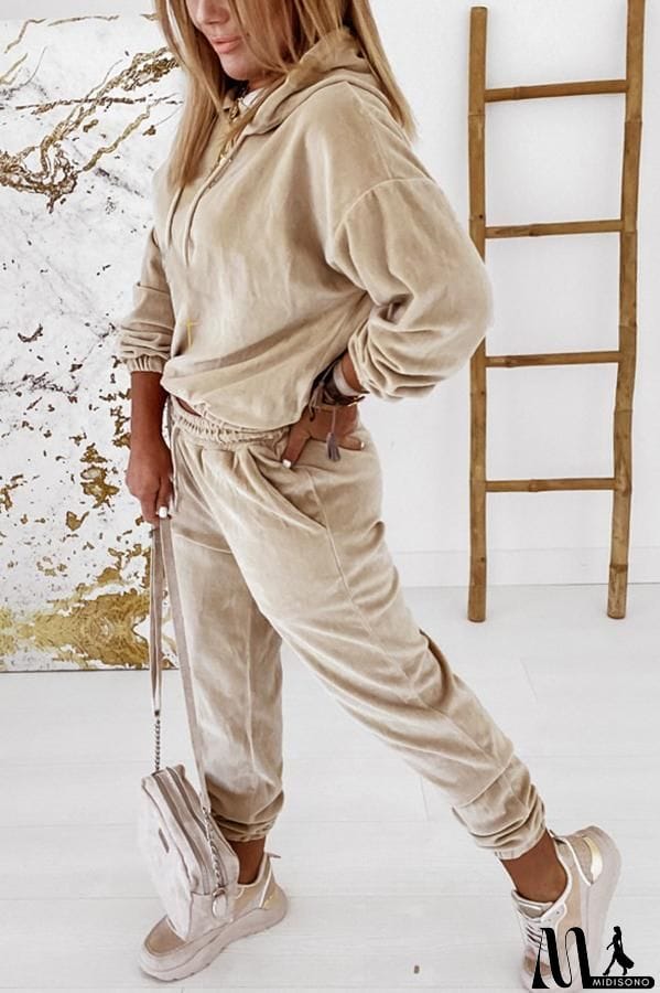 MidiSono - Velvet Drawstring Hooded Joggrt Set