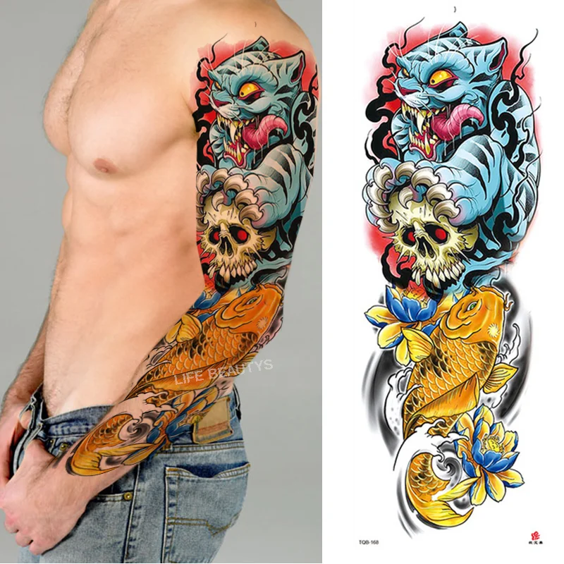 Sdrawing Arm Sleeve Tattoo Lion Crown King Rose Waterproof Temporary Sticker Wild Wolf Tiger Men Full Skull Totem Tatoo