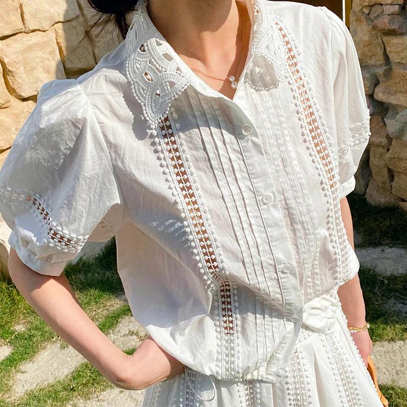 Uveng Uveng New French White Shirt Women's Short-Sleeved White Dress Lady Small Fragrant Style Suit Shenzhen South Oil Women's Clothing