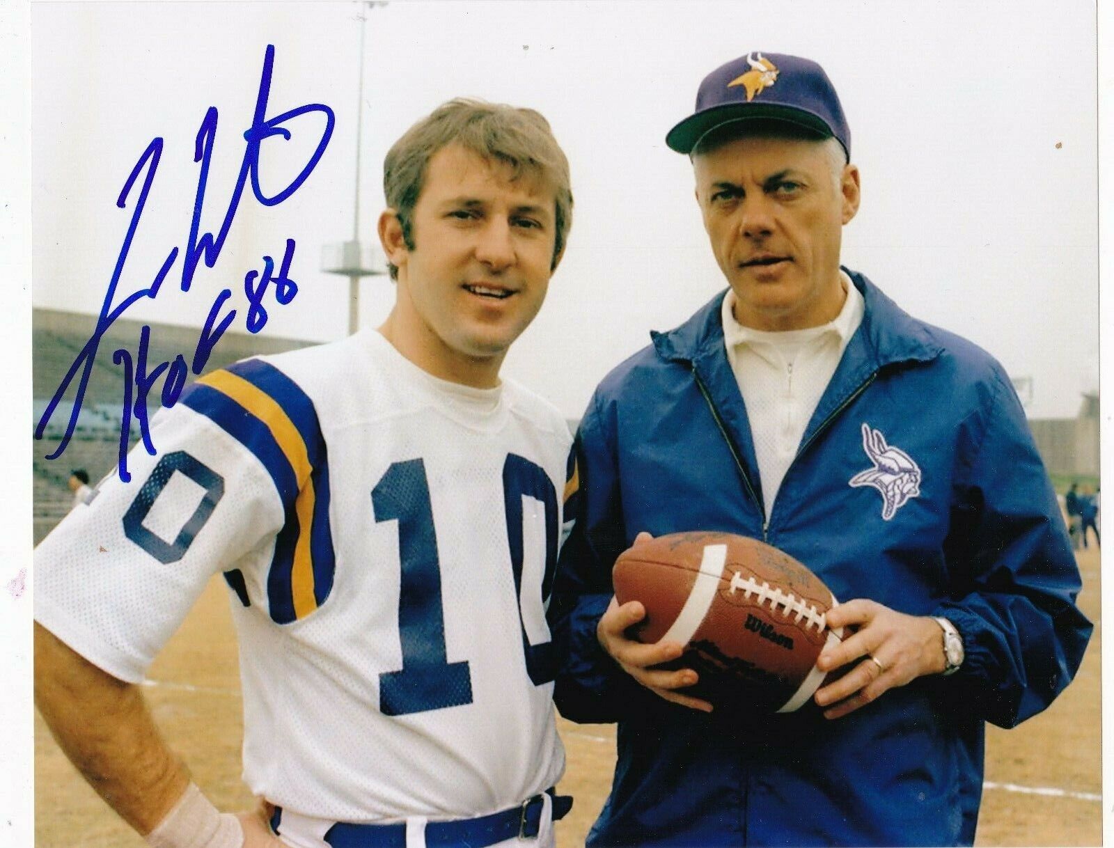 FRAN TARKENTON MINNESOTA VIKINGS HOF 86 W/ BUD GRANT ACTION SIGNED 8x10 Photo Poster painting