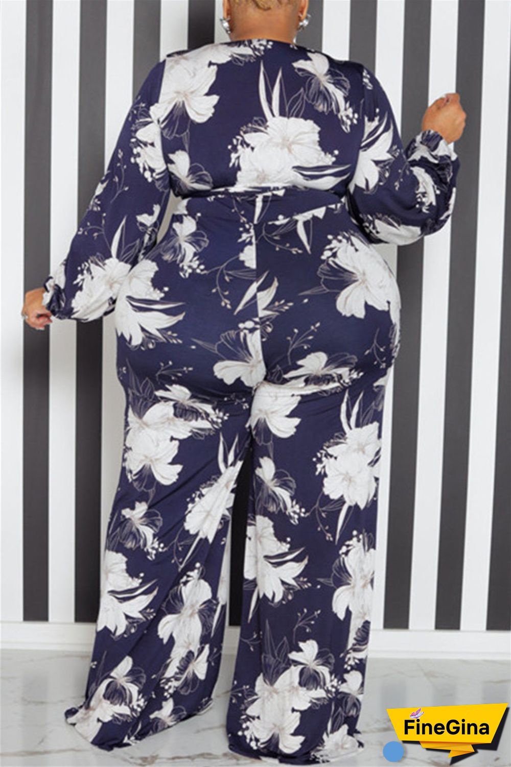 Yellow Casual Print Patchwork V Neck Plus Size Jumpsuits