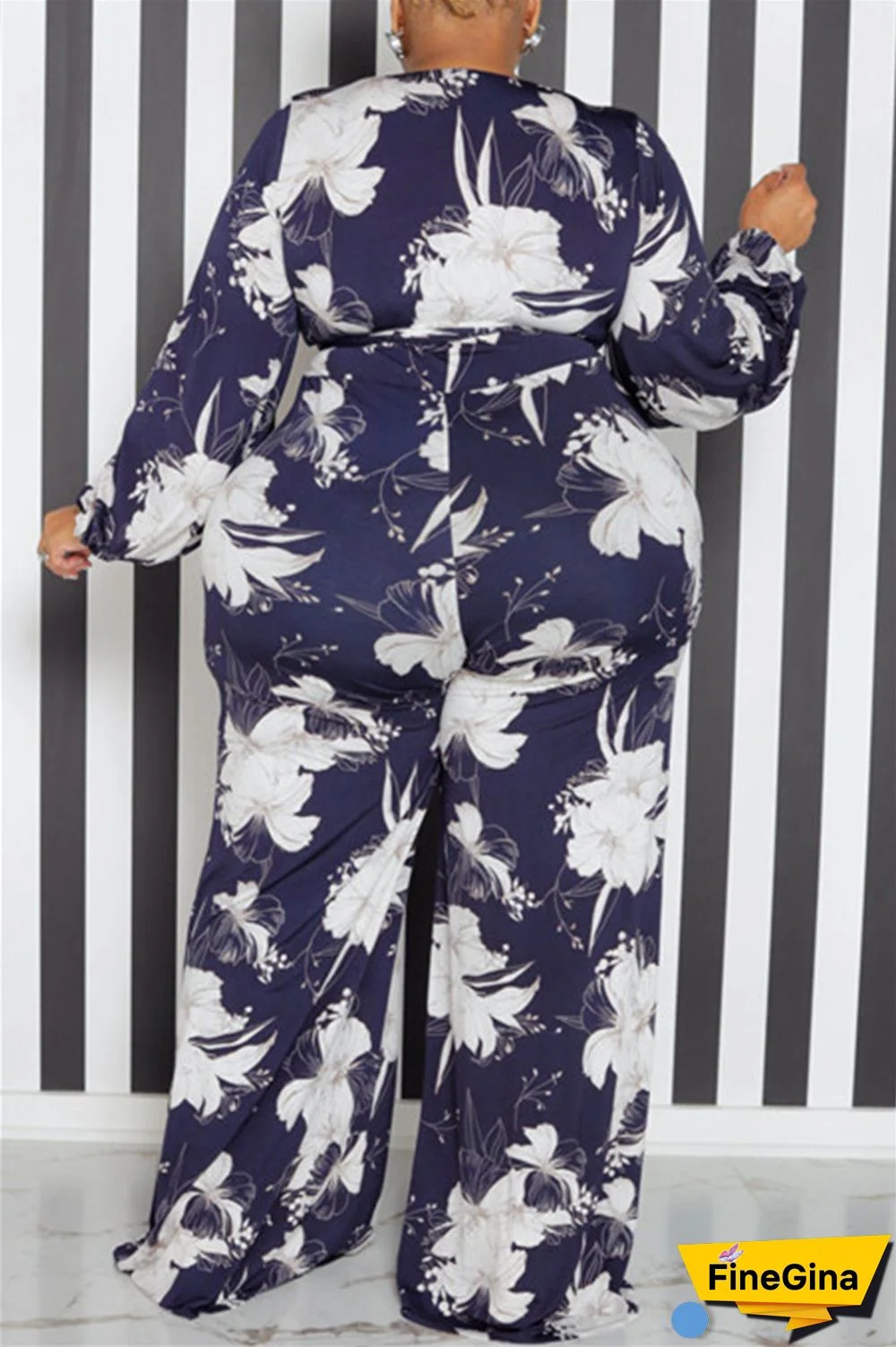 Yellow Casual Print Patchwork V Neck Plus Size Jumpsuits