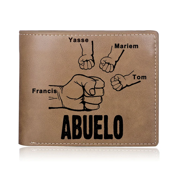 Cartera, billetera clásica puño con puño 4 nombres personalizados y una foto para abuelo