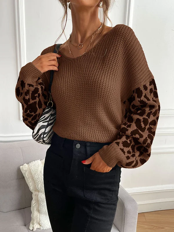 Split-Joint Leopard Puff Sleeves Loose V-Neck Sweater Tops