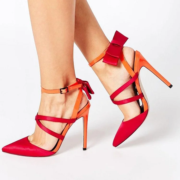 Red and Orange Two Tone Closed Toe Sandals Ankle Strap Bow Heels |FSJ Shoes