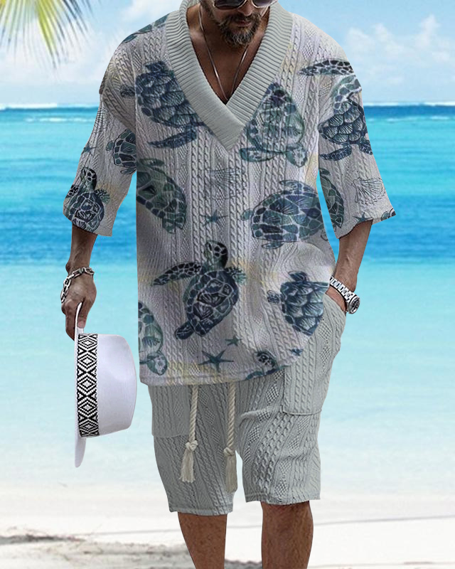 Men's V-Neck Luxury Marine Print Textured Resort Shorts Set 039