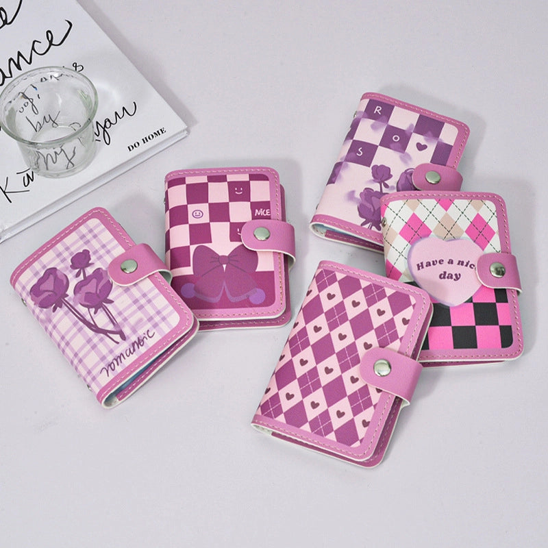 Women's Heart Shape Flower Butterfly Pu Leather Pink Hidden Buckle Card Holders