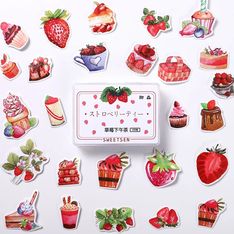 100pcs/Box Cute Strawberry dessert Stickers Kawaii Sticker for Girl Planner Scrapbooking Stationery Japanese Diary Stickers