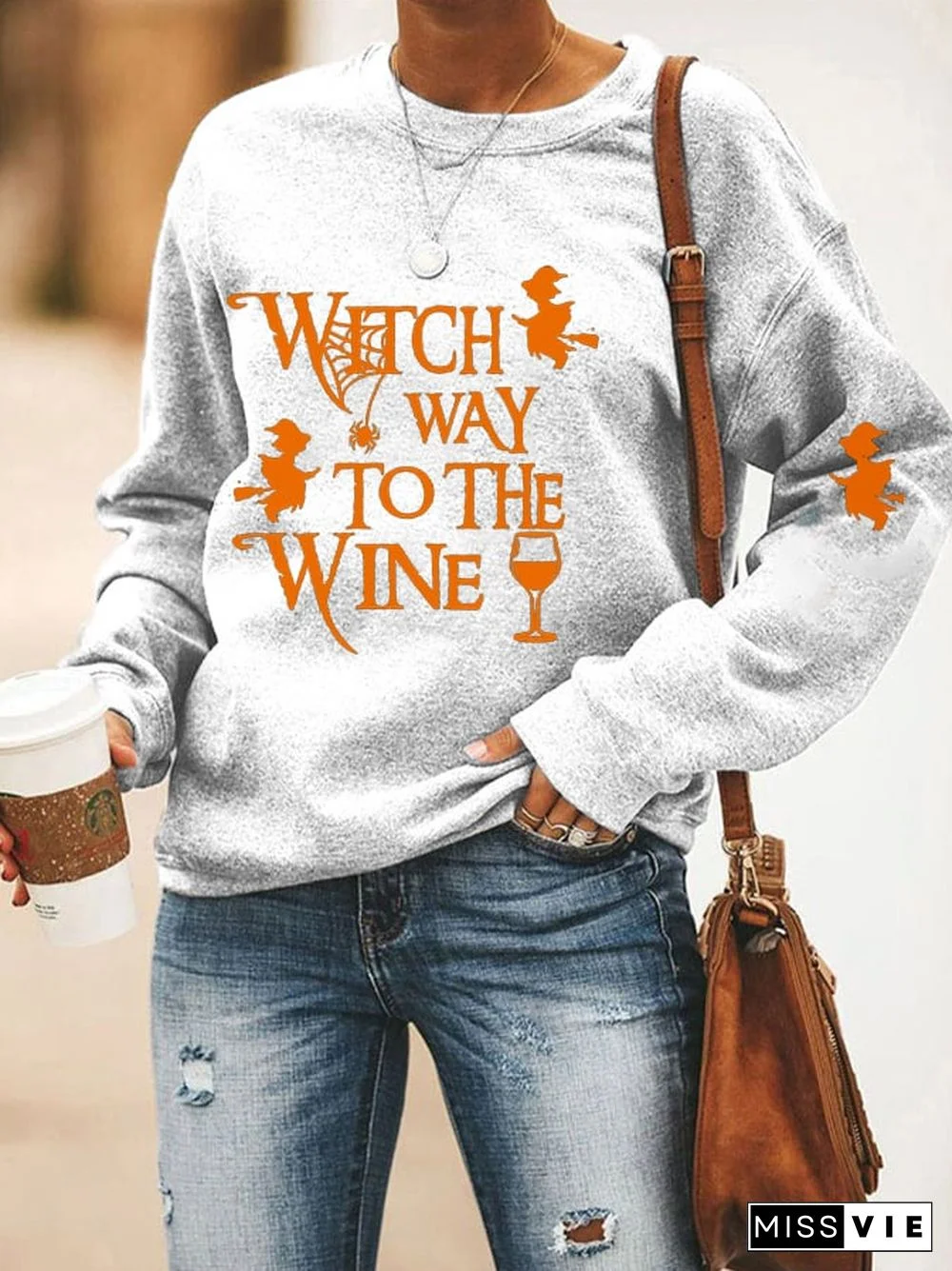Women's HalloweenWitch Way To The Wine Prnted Sweatshirt