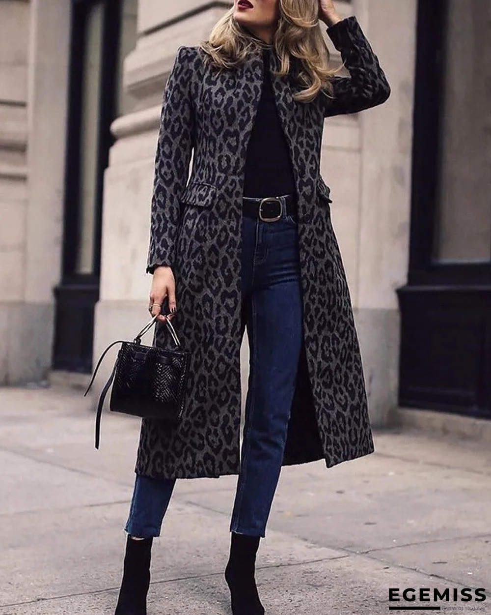 Leopard Print Pocket Design Long Sleeve Coat | EGEMISS