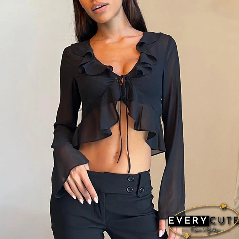 Black Ruffle V Neck Lace-up Long Sleeve Crop Tops